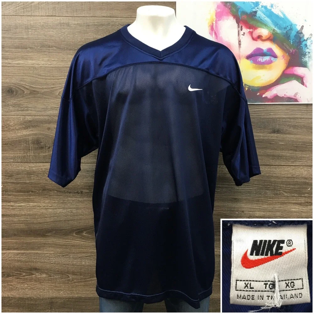 VINTAGE Nike Mens XL Oversized Navy Mesh V-Neck Practice Jersey Training Shirt